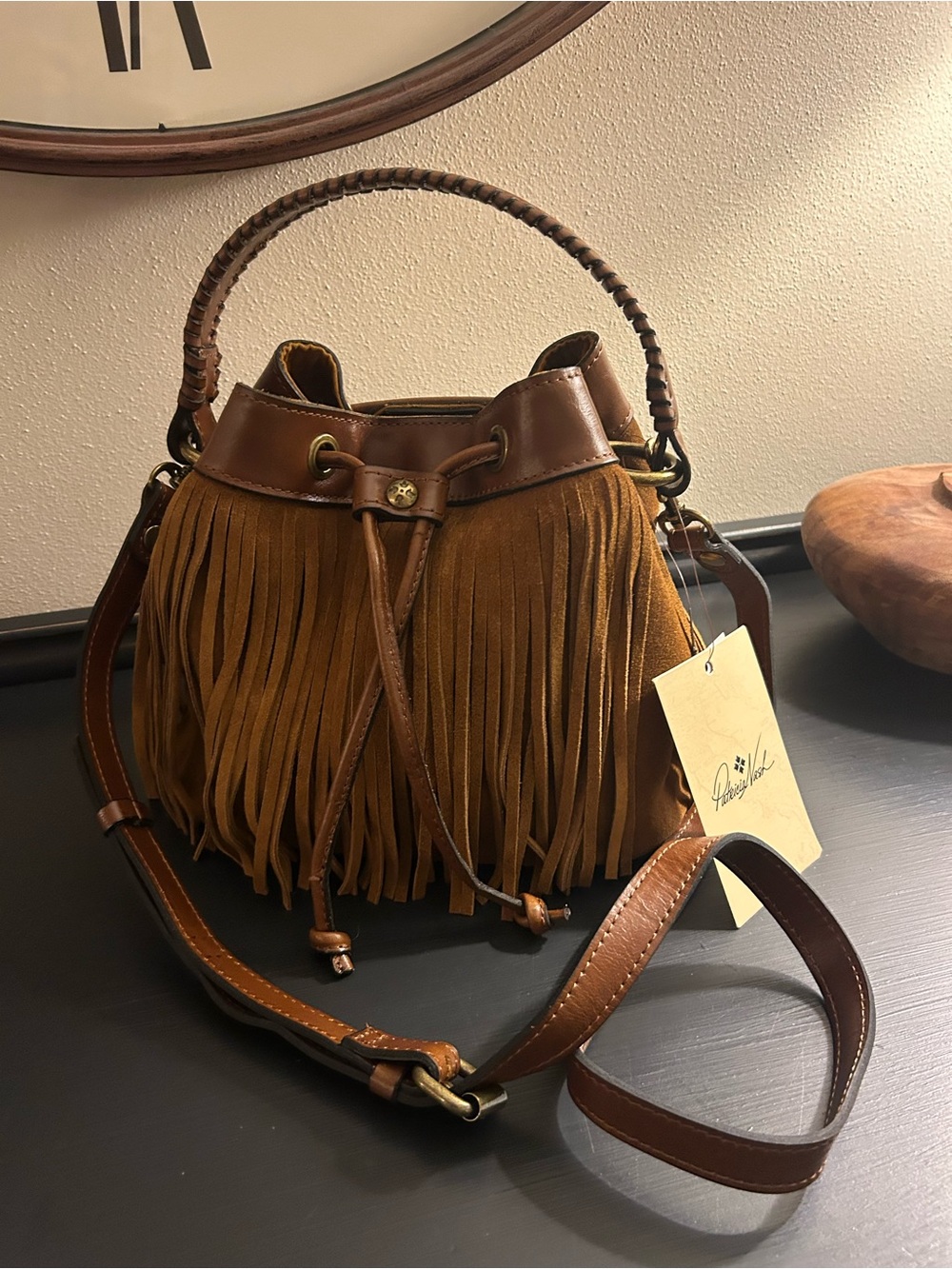 Patricia Nash Tan/Brown Fringe Drawstring Bucket Bag NWT - Picture 2 of 9
